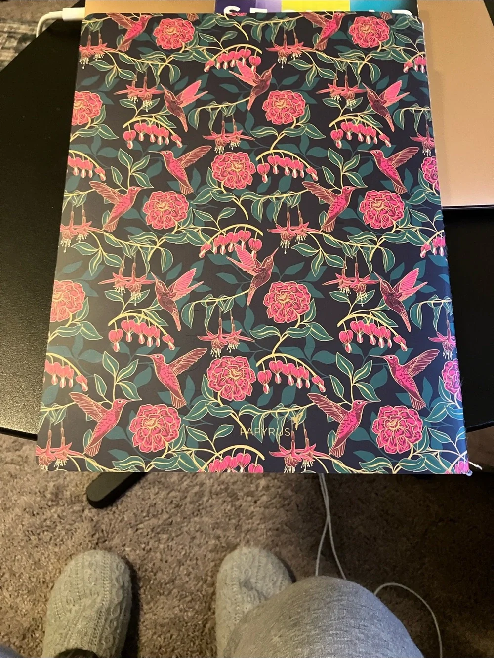 Papyrus Hummingbird and florals Stitched Paper Notebook - Navy with Pink Flowers